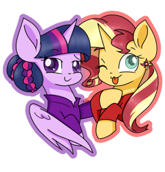 Size: 1153x1200 | Tagged: safe, artist:chautung, character:sunset shimmer, character:twilight sparkle, character:twilight sparkle (alicorn), species:alicorn, species:pony, ship:sunsetsparkle, alternate costumes, alternate hairstyle, cute, female, lesbian, looking at you, one eye closed, shimmerbetes, shipping, simple background, smiling, tongue out, transparent background, twiabetes, wink
