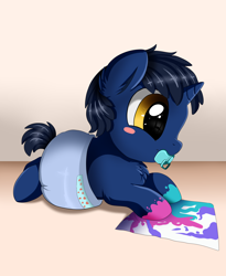 Size: 2300x2800 | Tagged: safe, artist:pridark, oc, oc only, species:pony, species:unicorn, baby, baby pony, cute, diaper, hnnng, hoof painting, male, ocbetes, pacifier, painting, pridark is trying to murder us, smiling, solo