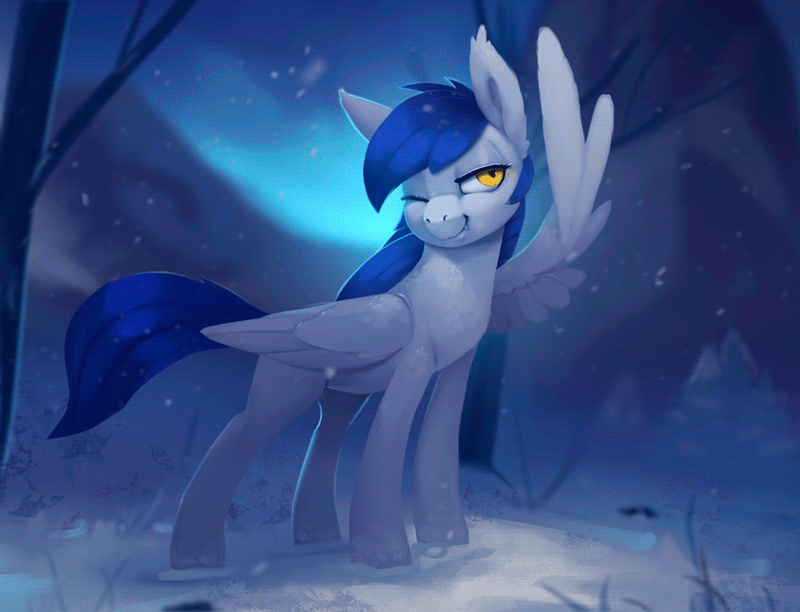 Size: 800x612 | Tagged: safe, artist:rodrigues404, oc, oc only, oc:gabriel, species:pegasus, species:pony, animated, cinemagraph, commission, female, half-breed, mare, one eye closed, smiling, snow, snowfall, solo
