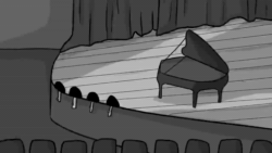 Size: 1280x720 | Tagged: safe, artist:tjpones, oc, oc only, oc:brownie bun, oc:richard, species:earth pony, species:human, species:pony, horse wife, animated, bow tie, clothing, concert, curtains, female, grayscale, human male, instructions, male, mare, monochrome, music, piano, sheet music, sitting, sound, stage, suit, tumblr, video at source, webm