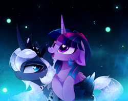Size: 2868x2258 | Tagged: safe, artist:magnaluna, character:princess luna, character:twilight sparkle, character:twilight sparkle (alicorn), species:alicorn, species:pony, :d, alternate hairstyle, alternate universe, curved horn, cute, dawwww, duo, ethereal mane, female, floppy ears, galaxy mane, heart eyes, hnnng, jewelry, magnaluna is trying to murder us, mare, open mouth, regalia, smiling, swirly markings, twiabetes, wingding eyes