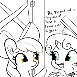 Size: 1650x1650 | Tagged: safe, artist:tjpones, character:apple bloom, character:sweetie belle, species:earth pony, species:pony, species:unicorn, bust, cute, dialogue, diasweetes, duo, duo female, ear fluff, exact words, female, filly, hammer, monochrome, neo noir, partial color, raised hoof, rope, simple background, sketch, smiling, sweetiedumb, this will end in tears and/or death and/or covered in tree sap, this will end well, this will not end well, what could possibly go wrong, white background