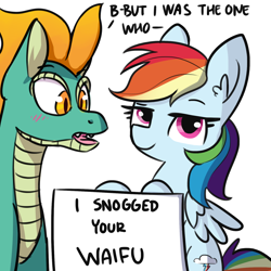 Size: 1650x1650 | Tagged: safe, artist:dsp2003, artist:tjpones, community related, edit, character:rainbow dash, character:tianhuo, species:longma, species:pegasus, species:pony, them's fightin' herds, blushing, crossover shipping, dialogue, ear fluff, female, implied lesbian, implied shipping, implied tiandash, lesbian, lidded eyes, looking at you, mare, pony shaming, pure unfiltered evil, shaming, shipping, simple background, smug, text, tiandash, waifu, white background, wings