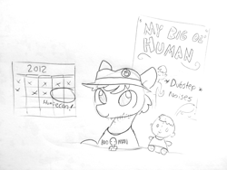 Size: 1920x1440 | Tagged: safe, artist:tjpones, oc, oc only, species:earth pony, species:pony, brony stereotype, button, calendar, clothing, fedora, grayscale, hat, humie, lineart, male, monochrome, my little human, plushie, poster, role reversal, simple background, solo, stallion, stubble, traditional art, white background