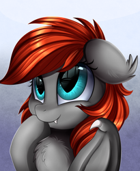 Size: 1446x1764 | Tagged: safe, artist:pridark, oc, oc only, oc:grem, species:bat pony, species:pony, bat pony oc, big eyes, bust, chest fluff, commission, cute, cute little fangs, fangs, female, mare, ocbetes, portrait, smiling, solo