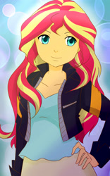 Size: 2400x3840 | Tagged: safe, artist:lilapudelpony, character:sunset shimmer, my little pony:equestria girls, clothing, female, jacket, leather jacket, looking at you, smiling, solo