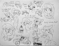 Size: 1812x1412 | Tagged: safe, artist:tjpones, character:carrot top, character:fluttershy, character:golden harvest, character:rainbow dash, character:rarity, character:spike, character:twilight sparkle, character:twilight sparkle (alicorn), character:twilight sparkle (scitwi), character:wallflower blush, character:zecora, oc, species:alicorn, species:anthro, species:dragon, species:duck, species:earth pony, species:eqg human, species:pegasus, species:pony, species:unguligrade anthro, species:unicorn, species:zebra, my little pony:equestria girls, anthro with ponies, backpack, black and white, bone, bust, chest fluff, clothing, dialogue, duck pony, female, glasses, grayscale, hat, lineart, mare, monochrome, nerd, open mouth, raised hoof, rocket, simple background, sitting, skeleton, skeleton pony, sketch, sketch dump, skull, standing, standing on one leg, sunglasses, teary eyes, tongue out, traditional art, trenchcoat