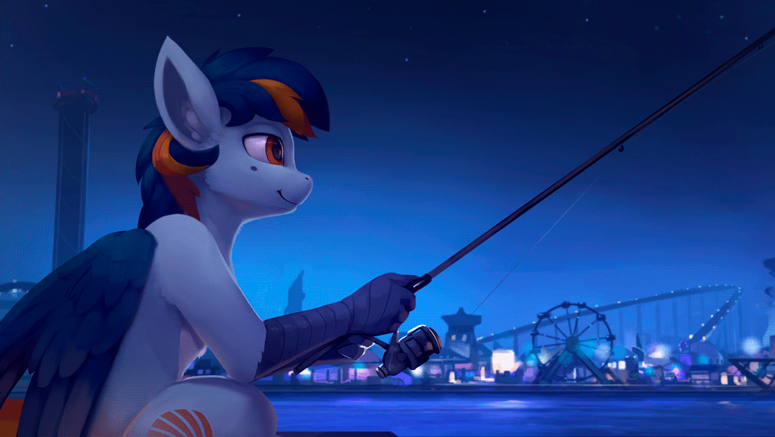 Size: 1100x620 | Tagged: safe, artist:rodrigues404, oc, oc only, oc:skysail, species:hippogriff, animated, cinemagraph, city, fishing, mole, night, smiling, solo, talons