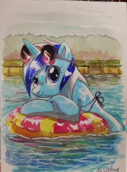 Size: 1132x1528 | Tagged: safe, artist:yulyeen, character:minuette, species:pony, species:unicorn, bikini, clothing, female, floaty, glasses, looking at you, mare, semi-anthro, smiling, solo, sunglasses, swimming pool, swimsuit, traditional art, wet, wet mane