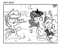 Size: 1872x1440 | Tagged: safe, artist:tjpones, character:applejack, character:princess celestia, character:princess luna, oc, oc:tjpones, species:alicorn, species:earth pony, species:pony, black and white, crescent moon, dialogue, editorial cartoon, evil grin, fangs, female, grayscale, grin, hooves together, laughing, lazy, male, mare, monochrome, moon, necktie, night, on back, parody, political cartoon, pun, royal sisters, rubbing hooves, satire, selfish, sharp teeth, signature, simple background, sitting, sleeping, smiling, speech bubble, stallion, stan kelly, sweet apple acres, teeth, text, the onion, tyrant celestia, tyrant luna, white background, zzz