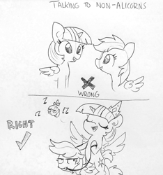 Size: 1181x1263 | Tagged: safe, artist:tjpones, character:rainbow dash, character:twilight sparkle, character:twilight sparkle (alicorn), species:alicorn, species:pony, bit, crown, duo, eyes closed, female, femdom, gag, grayscale, horn, how to talk to short people, jewelry, lineart, meme, monochrome, music notes, ponies riding ponies, ponified, regalia, reins, simple background, singing, smiling, tack, traditional art, twidom, tyrant, tyrant sparkle, unamused