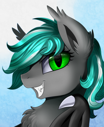 Size: 1446x1764 | Tagged: safe, artist:pridark, oc, oc only, species:bat pony, bat pony oc, bust, chest fluff, commission, green eyes, looking at you, portrait, solo