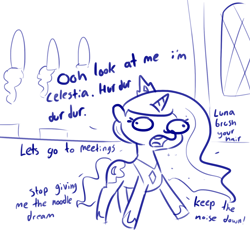 Size: 1650x1650 | Tagged: safe, artist:tjpones, character:princess luna, species:alicorn, species:pony, crown, dialogue, faec, female, funny, funny as hell, implied princess celestia, jewelry, mare, mocking, monochrome, noodle incident, open mouth, regalia, simple background, solo, this will end in tears and/or a journey to the moon, white background, woonoggles