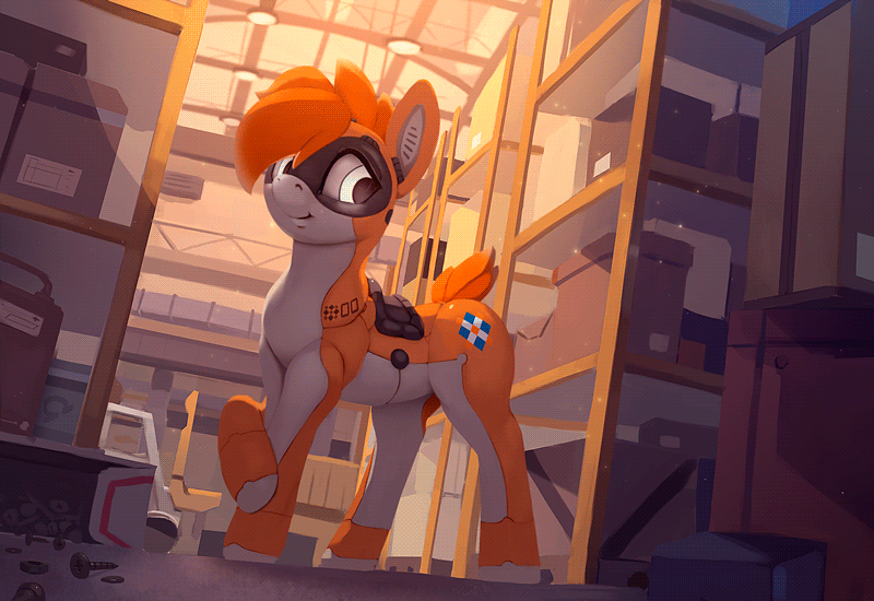 Size: 800x550 | Tagged: safe, artist:rodrigues404, oc, oc only, oc:kiva, species:pony, animated, cinemagraph, female, gif, robot, robot pony, solo, warehouse