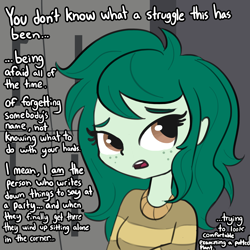 Size: 3000x3000 | Tagged: safe, artist:tjpones, character:wallflower blush, equestria girls:forgotten friendship, g4, my little pony:equestria girls, bust, clothing, dialogue, female, freckles, lockers, looking at you, parody, reginald barclay, solo, star trek, star trek: the next generation, sweater