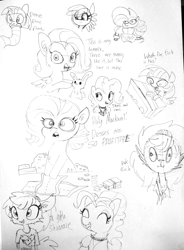 Size: 1383x1882 | Tagged: safe, artist:tjpones, character:fluttershy, character:pinkie pie, character:rarity, character:twilight sparkle, character:twilight sparkle (alicorn), species:alicorn, species:earth pony, species:pegasus, species:pony, species:rabbit, species:unicorn, armor, chest fluff, choker, clothing, coin, dialogue, dress, dress making, ear fluff, female, grayscale, lineart, mare, money, monochrome, power armor, realization, saloon dress, saloon pinkie, simple background, sketch, sketch dump, space marine, traditional art, warhammer (game), warhammer 40k, winnie the werewolf, you gotta share