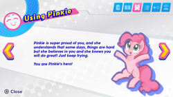 Size: 1181x664 | Tagged: safe, artist:millioncookies, artist:spindlesx, derpibooru original, edit, character:pinkie pie, species:earth pony, species:pony, c:, cute, dawwww, dialogue, diapinkes, eyes closed, fake screencap, female, happy, kirby, kirby star allies, looking up, mare, menu, motivational, nintendo, open mouth, ponified, positive ponies, sitting, smiling, solo, text, video game
