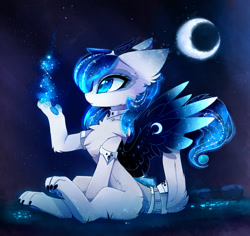 Size: 2093x1974 | Tagged: safe, artist:magnaluna, oc, oc only, oc:polaris, cat, catpony, cheek fluff, chest fluff, colored pupils, colored wings, ear fluff, ethereal mane, fusion, galaxy mane, gradient wings, leg fluff, magic, moon, night, original species, paws, sitting, solo, starry eyes, wingding eyes