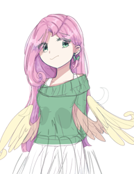 Size: 839x1084 | Tagged: safe, artist:windymils, character:fluttershy, species:human, clothing, ear piercing, earring, female, humanized, jewelry, piercing, simple background, skirt, solo, sweater, sweatershy, white background, wings