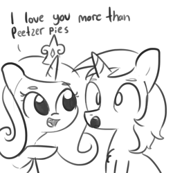 Size: 3000x3000 | Tagged: safe, artist:tjpones, character:princess cadance, character:shining armor, species:alicorn, species:pony, species:unicorn, ship:shiningcadance, :o, chest fluff, cute, dialogue, female, grayscale, husband and wife, male, mare, monochrome, open mouth, peetzer, pointing, raised hoof, shipping, simple background, sitting, sketch, smiling, stallion, straight, true love, white background, wide eyes