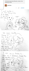 Size: 1764x4315 | Tagged: safe, artist:tjpones, oc, oc only, oc:brownie bun, oc:richard, species:earth pony, species:human, species:pony, horse wife, ask, chest fluff, clothing, comic, dialogue, double standard, eyes closed, female, human male, hypocrisy, lineart, male, mare, pun, raised hoof, shirt, t-shirt, traditional art, tumblr