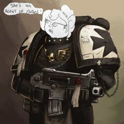 Size: 894x894 | Tagged: safe, artist:fonteart, artist:tjpones, edit, editor:gaycocksmcfagsalot, oc, oc only, oc:brownie bun, species:earth pony, species:pony, black templars, bolter, dialogue, frown, glare, gun, open mouth, solo, space marine, warhammer (game), warhammer 40k, weapon