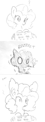 Size: 981x2672 | Tagged: safe, artist:tjpones, character:pinkie pie, species:earth pony, species:pony, chest fluff, comic, cute, diapinkes, ear fluff, electricity, electrocution, extra fluffy, female, fluffy, fluffy mane, frown, grayscale, impossibly large ears, machine, mare, monochrome, onomatopoeia, question mark, shock, shocked, simple background, smiling, smoke, solo, style emulation, text, traditional art, white background, wide eyes