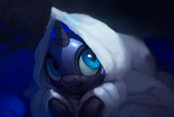Size: 1200x810 | Tagged: safe, artist:rodrigues404, character:nightmare moon, character:princess luna, species:alicorn, species:pony, :3, abstract background, blanket, cute, female, filly, helmet, hiding, hnnng, looking up, moonabetes, nicemare moon, nightmare woon, rodrigues404 is trying to murder us, smiling, solo