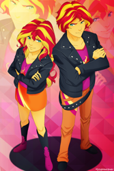 Size: 1024x1536 | Tagged: safe, artist:lilapudelpony, character:sunset shimmer, my little pony:equestria girls, binary shimmer, binary sunset, boots, clothing, equestria guys, half r63 shipping, jacket, leather jacket, male, miniskirt, rule 63, self paradox, shipping, shoes, skirt, sunglare, sunset glare