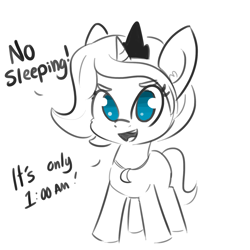 Size: 1650x1650 | Tagged: safe, artist:tjpones, character:princess luna, species:alicorn, species:pony, cute, dialogue, ear fluff, female, filly, filly luna, jewelry, looking at you, lunabetes, necklace, no pupils, open mouth, partial color, regalia, simple background, sleep is for the weak, smiling, solo, white background, wingless, woona, younger