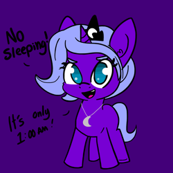Size: 1024x1024 | Tagged: safe, artist:tjpones, edit, character:princess luna, species:alicorn, species:pony, colored, cute, dialogue, ear fluff, female, filly, filly luna, jewelry, looking at you, lunabetes, necklace, open mouth, palindrome get, purple background, regalia, simple background, sleep is for the weak, smiling, solo, tjpones is trying to murder us, wingless, woona, younger