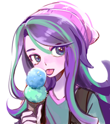 Size: 800x900 | Tagged: safe, artist:quizia, character:starlight glimmer, equestria girls:mirror magic, g4, my little pony:equestria girls, beanie, clothing, cute, female, food, glimmerbetes, hat, ice cream, ice cream cone, looking at you, simple background, solo, that human sure does love ice cream, tongue out, two scoops, white background