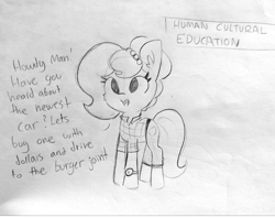 Size: 1817x1440 | Tagged: safe, artist:tjpones, oc, oc only, oc:brownie bun, species:earth pony, species:pony, horse wife, cheek fluff, clothing, dialogue, ear fluff, female, grayscale, lineart, mare, monochrome, solo, text, traditional art, watch