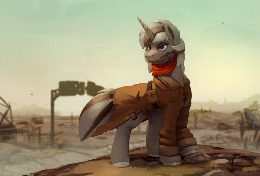 Size: 900x608 | Tagged: safe, artist:rodrigues404, oc, oc only, oc:sylph storm, species:pony, species:unicorn, fallout equestria, animated, cinemagraph, clothing, female, heterochromia, looking back, solo
