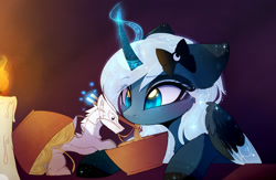 Size: 2677x1744 | Tagged: safe, artist:magnaluna, character:princess luna, oc, oc:zefiroth, species:alicorn, species:dragon, species:pony, blushing, bow, candle, cheek fluff, chopsticks, colored wings, colored wingtips, curved horn, cute, ear fluff, eastern dragon, eating, eyeshadow, featured on derpibooru, female, floppy ears, fluffy, food, hair bow, heart, heart eyes, leg fluff, levitation, lunabetes, magic, magnaluna is trying to murder us, makeup, mare, noodles, raised eyebrow, runes, sharing food, sparkles, stars, telekinesis, wide eyes, wingding eyes
