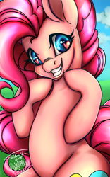 Size: 800x1280 | Tagged: safe, artist:foldeath, artist:rainbowsaliva, character:pinkie pie, species:earth pony, species:pony, cloud, collaboration, female, grass field, heart eyes, sky, smiling, solo, summer, teeth, wingding eyes
