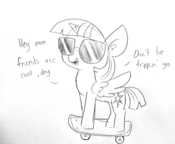 Size: 1742x1440 | Tagged: safe, artist:tjpones, character:twilight sparkle, character:twilight sparkle (alicorn), species:alicorn, species:pony, black and white, ear fluff, female, grayscale, lineart, mare, monochrome, simple background, skateboard, solo, sunglasses, traditional art