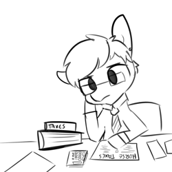 Size: 1650x1650 | Tagged: safe, artist:tjpones, oc, oc only, oc:tjpones, species:earth pony, species:pony, calculator, clothing, ear piercing, earring, glasses, grayscale, horse taxes, jewelry, male, monochrome, necktie, piercing, simple background, sitting, solo, stallion, taxes, white background