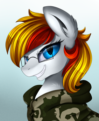 Size: 1446x1764 | Tagged: safe, artist:pridark, oc, oc only, oc:alter ego, species:pony, bust, clothing, commission, glasses, hoodie, looking at you, portrait, solo