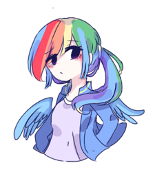 Size: 651x723 | Tagged: safe, artist:windymils, character:rainbow dash, species:human, blushing, clothing, humanized, jacket, looking at you, shirt, simple background, white background