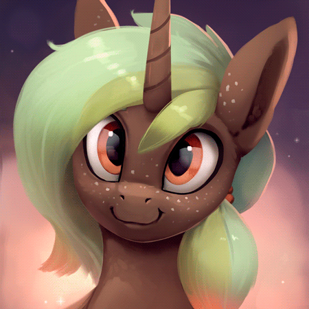 Size: 450x450 | Tagged: safe, artist:rodrigues404, oc, oc only, species:pony, species:unicorn, abstract background, animated, bust, cinemagraph, commission, freckles, looking at you, male, smiling, solo, stallion