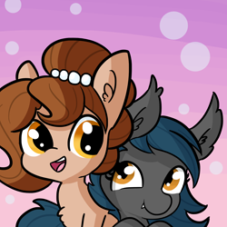 Size: 3300x3300 | Tagged: safe, artist:tjpones, oc, oc only, oc:brownie bun, oc:speck, species:bat pony, species:earth pony, species:pony, abstract background, bat pony oc, bust, chest fluff, commission, duo, ear fluff, female, mare
