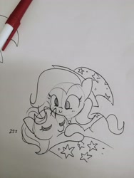 Size: 3120x4160 | Tagged: safe, artist:tjpones, character:starlight glimmer, character:trixie, species:pony, species:unicorn, ship:startrix, black and white, clothing, cuddling, cute, diatrixes, female, grayscale, hat, lesbian, lineart, mare, monochrome, shipping, simple background, stalker, stalking, traditional art, trixie's hat