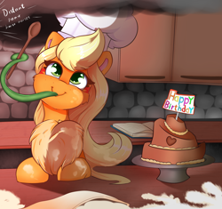 Size: 3400x3200 | Tagged: safe, artist:madacon, character:applejack, species:pony, cake, chest fluff, cute, female, food, impossibly large chest fluff, jackabetes, kitchen, long tongue, mare, monster pony, original species, smiling, smoke, solo, species swap, tatzljack, tatzlpony, tentacle tongue, tentacles, tongue out