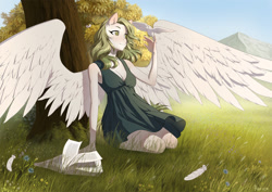 Size: 1280x905 | Tagged: safe, artist:glorious-rarien, oc, oc only, species:anthro, species:bird, species:pegasus, species:pony, anthro oc, book, breasts, cleavage, clothing, dove, dress, feather, female, mare, mountain, scenery, smiling, solo, spread wings, tree, wind, wings