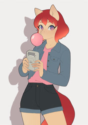 Size: 1280x1810 | Tagged: dead source, safe, artist:glorious-rarien, oc, oc only, species:anthro, species:earth pony, species:pony, anthro oc, bubblegum, clothing, female, food, game boy, gamer, gum, jacket, mare, short hair, shorts, solo