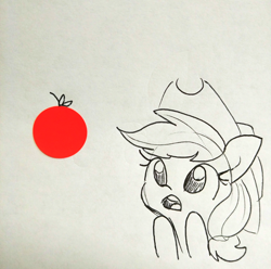 Size: 1440x1430 | Tagged: safe, artist:tjpones, character:applejack, species:earth pony, species:pony, amazed, apple, clothing, cowboy hat, female, food, hat, lineart, mare, monochrome, simple background, sketch, solo, stetson, traditional art