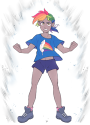 Size: 1800x2500 | Tagged: safe, artist:uc77, oc, oc:rainbow feather, parent:gilda, parent:rainbow dash, parents:gildash, species:hippogriff, species:human, aura, clothing, cutie mark clothes, dragon ball z, humanized, interspecies offspring, magical lesbian spawn, mixed race, next generation, offspring, tanned