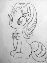Size: 1440x1920 | Tagged: safe, artist:tjpones, character:starlight glimmer, species:pony, species:unicorn, black and white, blatant lies, female, grayscale, lineart, mare, monochrome, solo, traditional art