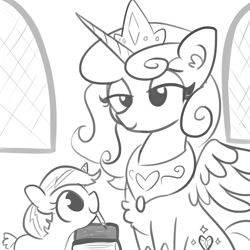 Size: 1650x1650 | Tagged: safe, artist:tjpones, character:princess flurry heart, parent:princess flurry heart, species:alicorn, species:pony, chest fluff, ear fluff, female, filly, jewelry, mare, monochrome, mother and daughter, next generation, offspring, older, older flurry heart, regalia, sketch, smiling
